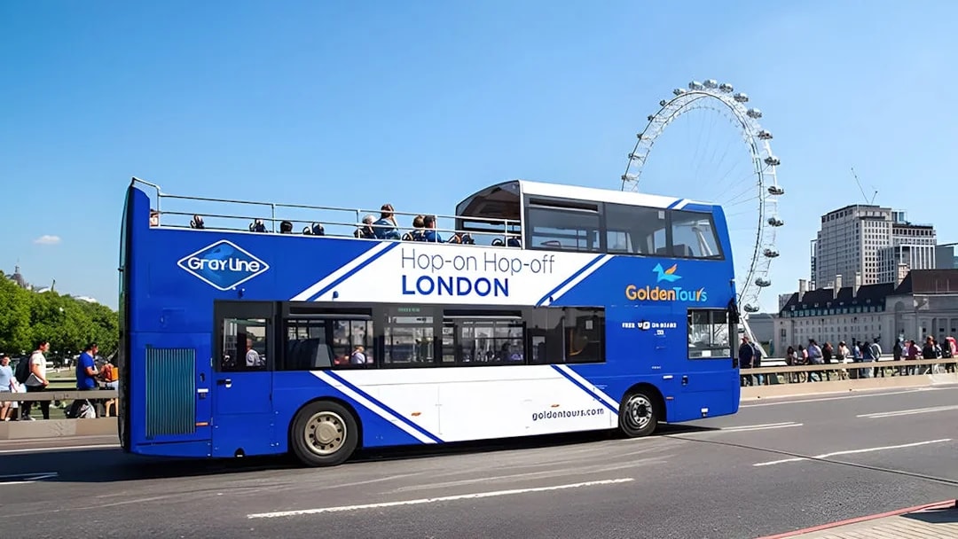 Open-top London tour bus near the London Eye.