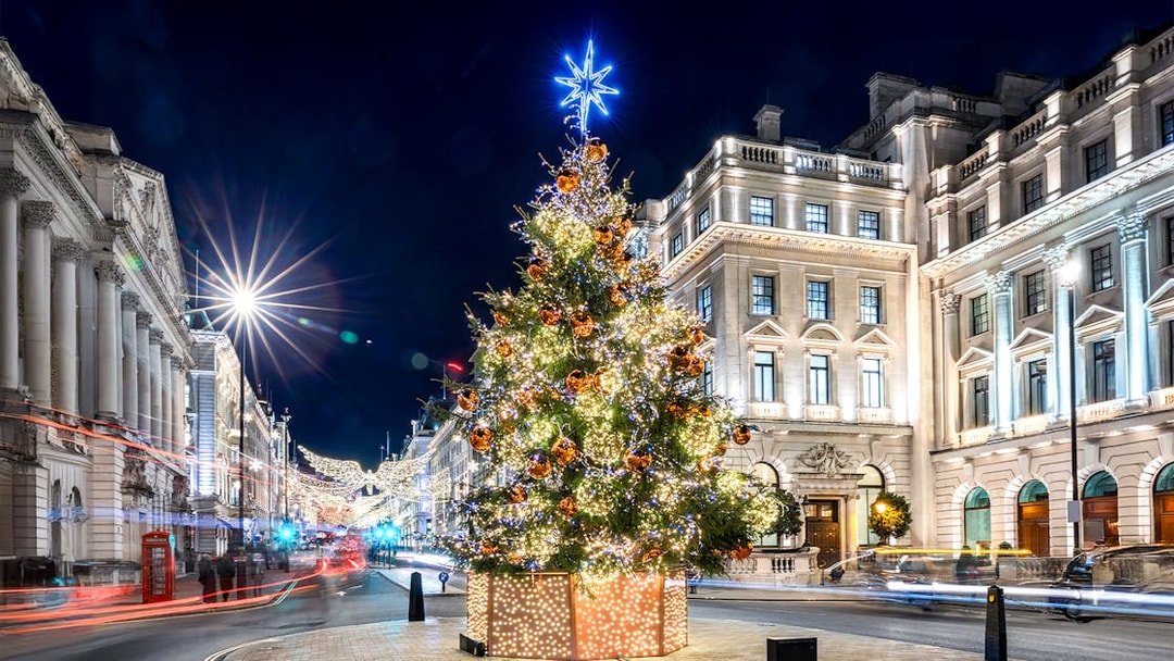 Festive Christmas tree with lights in central London street at night.