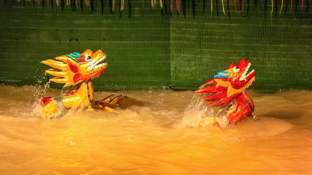Golden dragon puppets performing in water at the Golden Water Puppet Show.