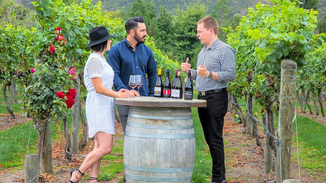 Wine tasting at a vineyard near Queenstown with three people discussing wine selections.