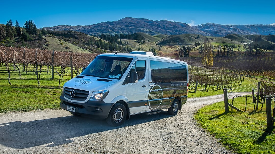 Van on a vineyard road during a gourmet food and wine tour from Queenstown.
