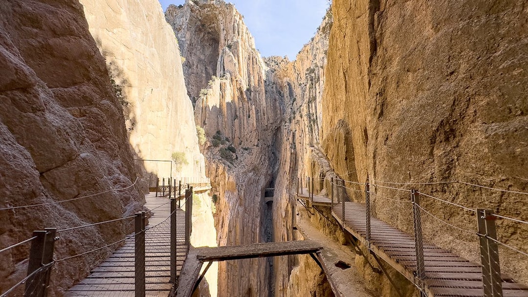 Caminito del Rey walkway between steep cliffs in Andalusia, Spain.