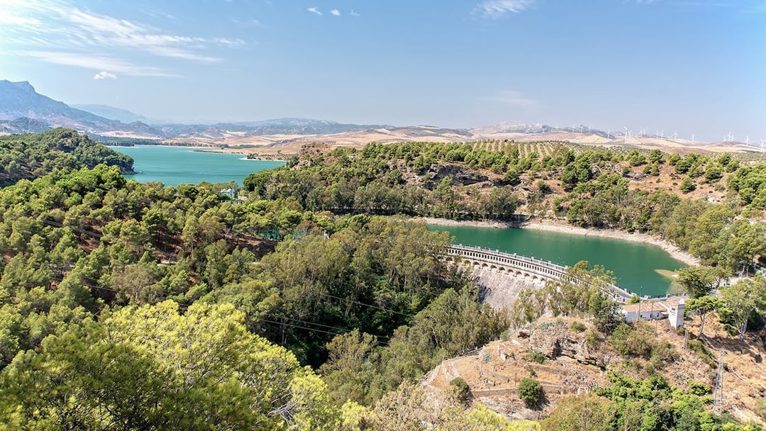 Caminito del Rey landscape with reservoir and surrounding hills, Andalusia, Spain.