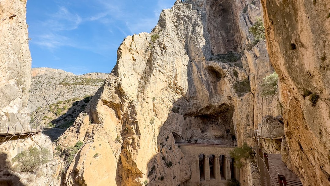 Caminito del Rey walkway through rocky gorge in Andalusia, Spain.