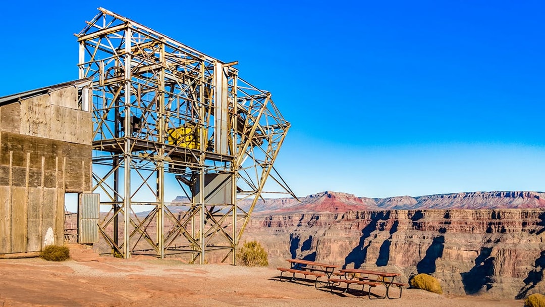 Cable tramway structure at Guano Point, Grand Canyon West Rim, Arizona, with canyon view.