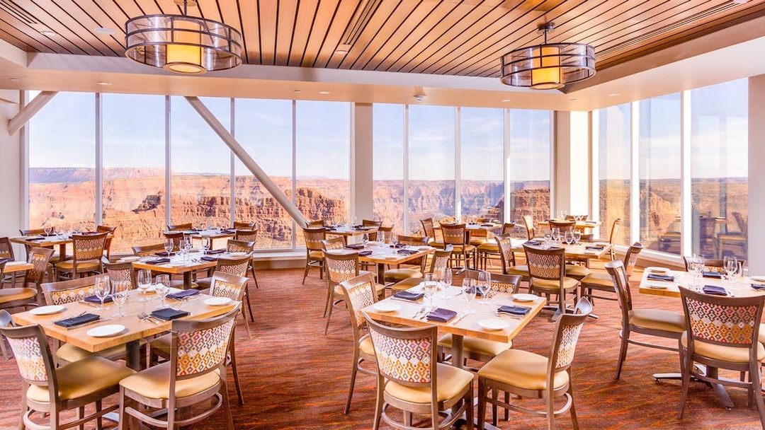 Dining area with canyon views at SkyView Restaurant, Grand Canyon West Rim, Arizona.