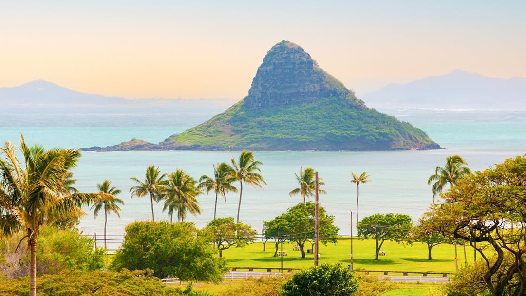 Mokolii Island, also known as Chinaman's Hat, viewed from Oahu, Hawaii with palm trees in the foreground.