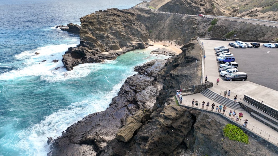 Aerial view of Halona Beach Cove and Halona Blowhole with visitors, Oahu, Hawaii.