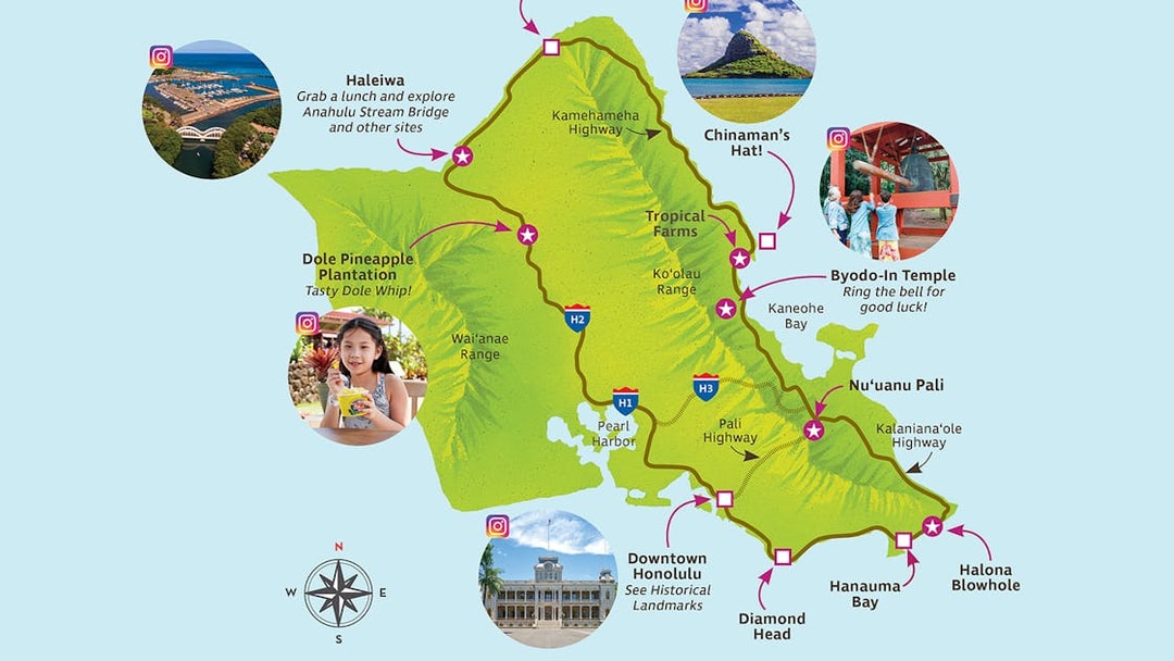 Oahu tour map highlighting key attractions like Haleiwa, Dole Plantation, and Byodo-In Temple.