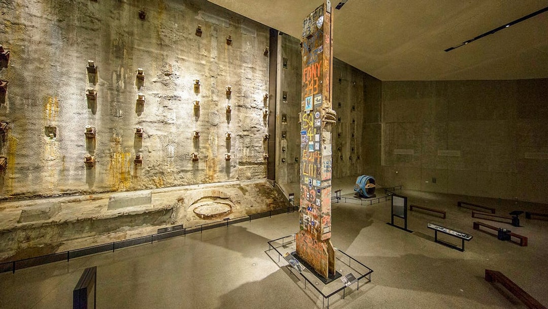 Steel column covered in tributes at 9/11 Museum, New York City.