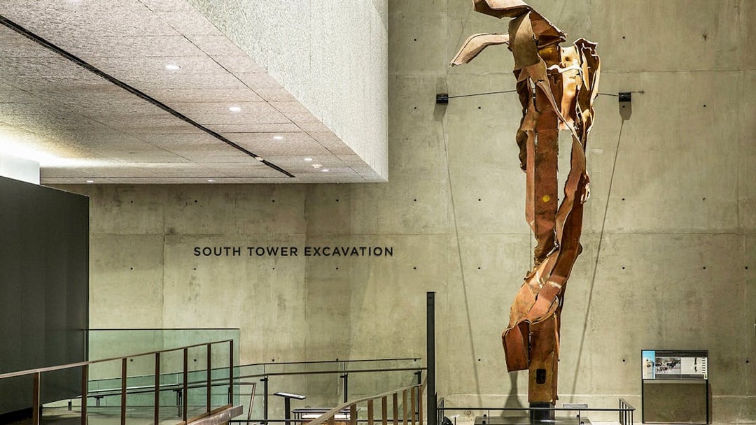 Twisted steel beam from South Tower excavation at 9/11 Museum.