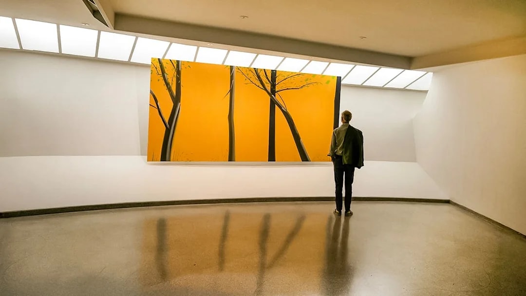 Visitor viewing modern art at Guggenheim Museum, New York.