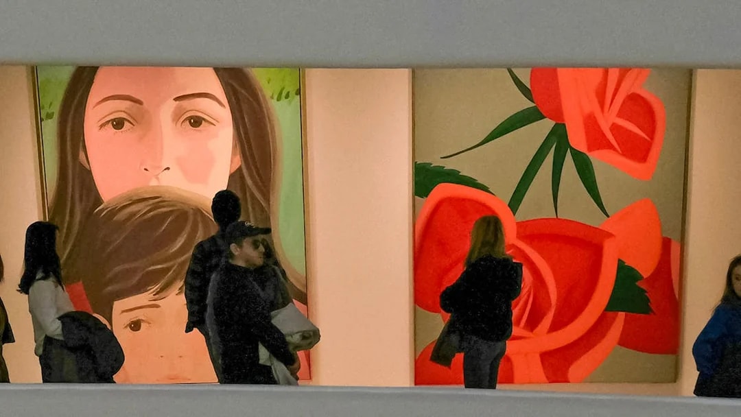 Visitors viewing modern art at the Guggenheim Museum, New York.