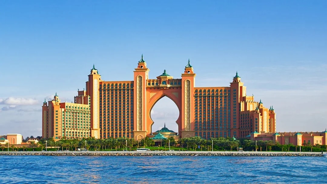 Atlantis Hotel view from the water during Black Boats Tours in Dubai.