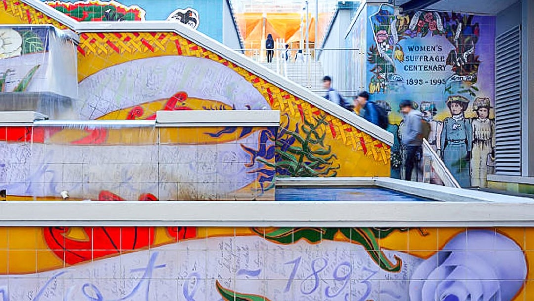 Auckland mural celebrating women's suffrage centenary on a guided walking tour.