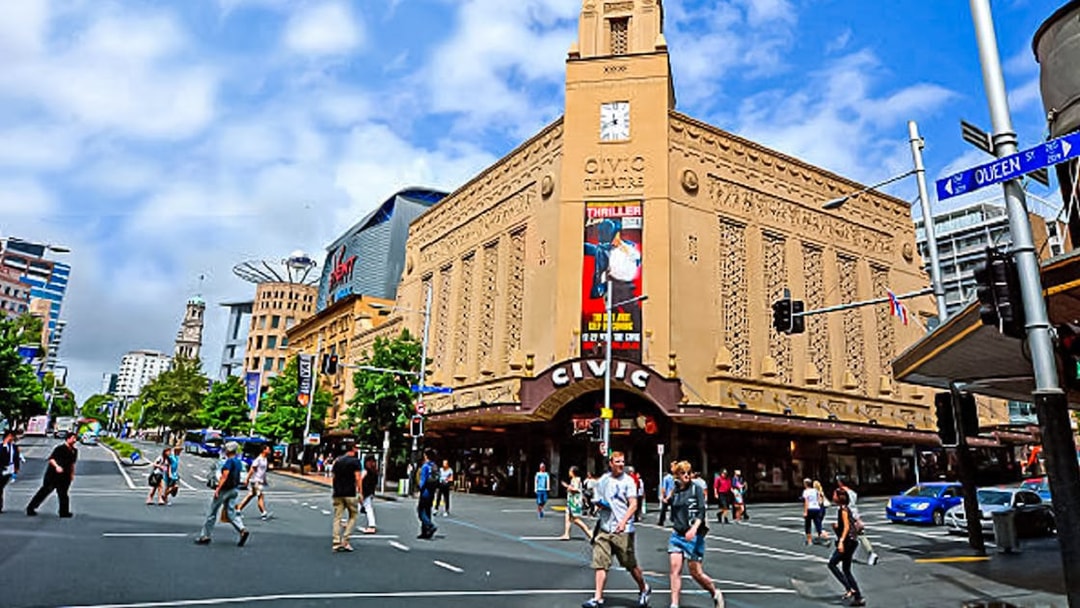 Civic Theatre on Queen Street during a guided walking tour in Auckland.