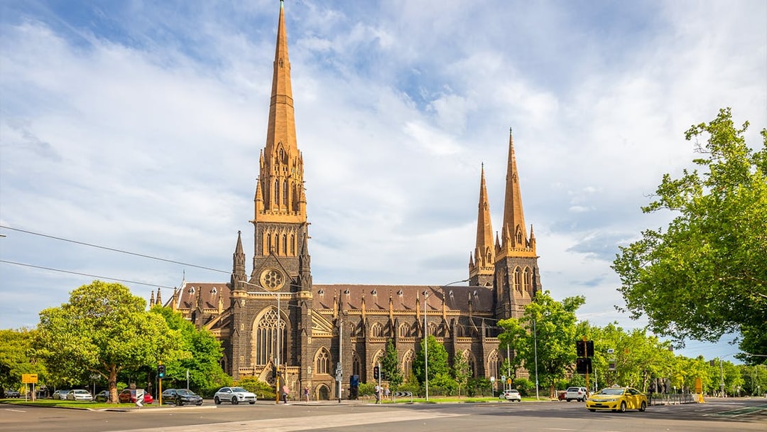 St Patrick's Cathedral with spires in Melbourne on a sunny day, part of the Melbourne City Discovery tour.