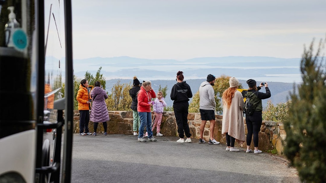 Tour group enjoying scenic view from Mt Wellington lookout.
