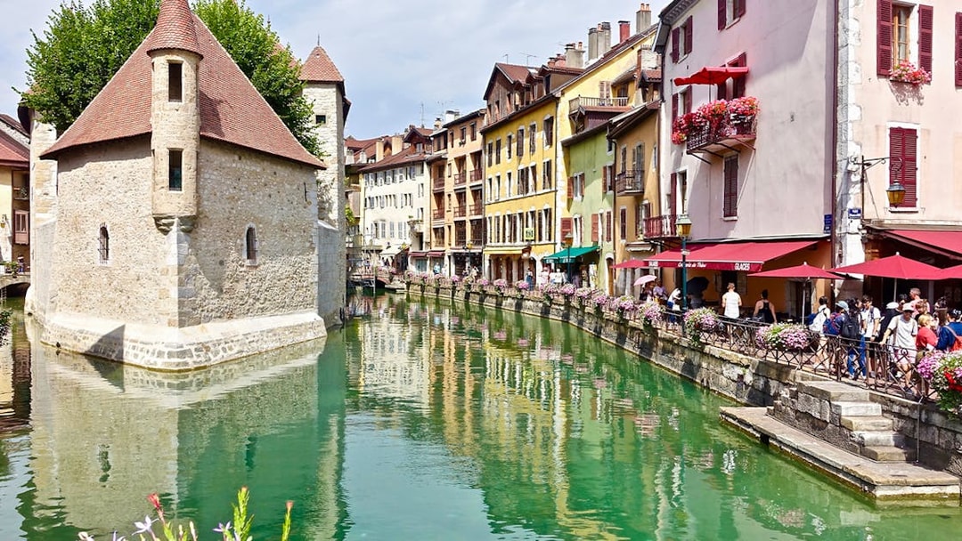 Canal view with historic buildings in Annecy, France, near Geneva.