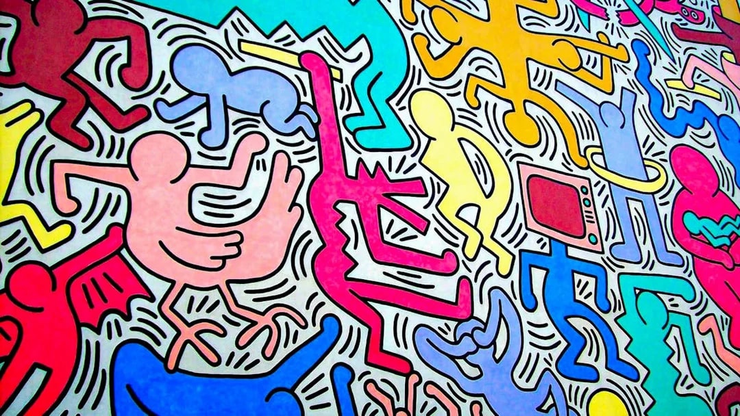 Colorful mural art with abstract human figures, Pisa walking tour.