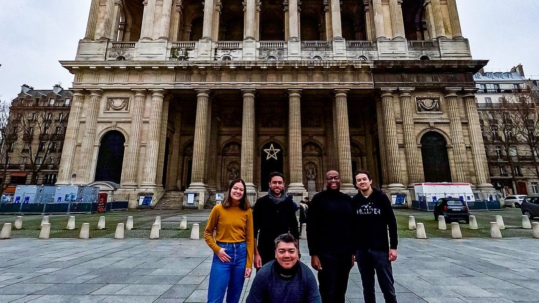 Group in front of Saint-Sulpice Church during Saint-Germain-Des-Prés walking tour.