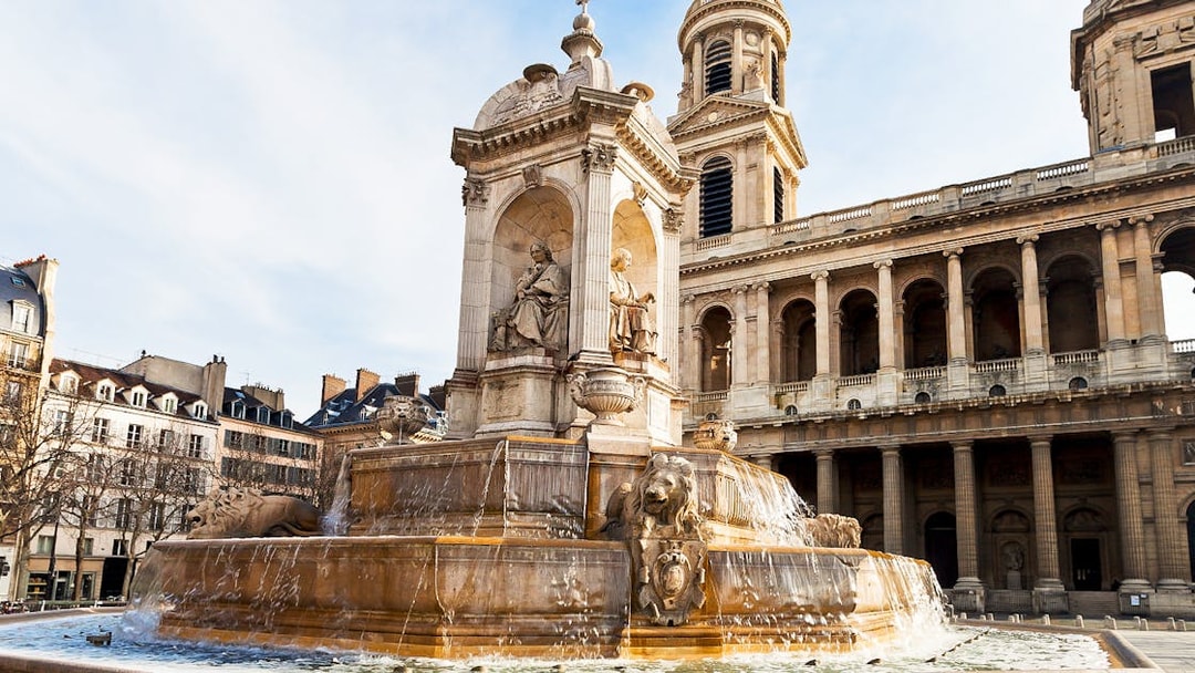 Fountain at Saint-Sulpice Church, Paris, on a guided walking tour of Saint-Germain-Des-Prés.