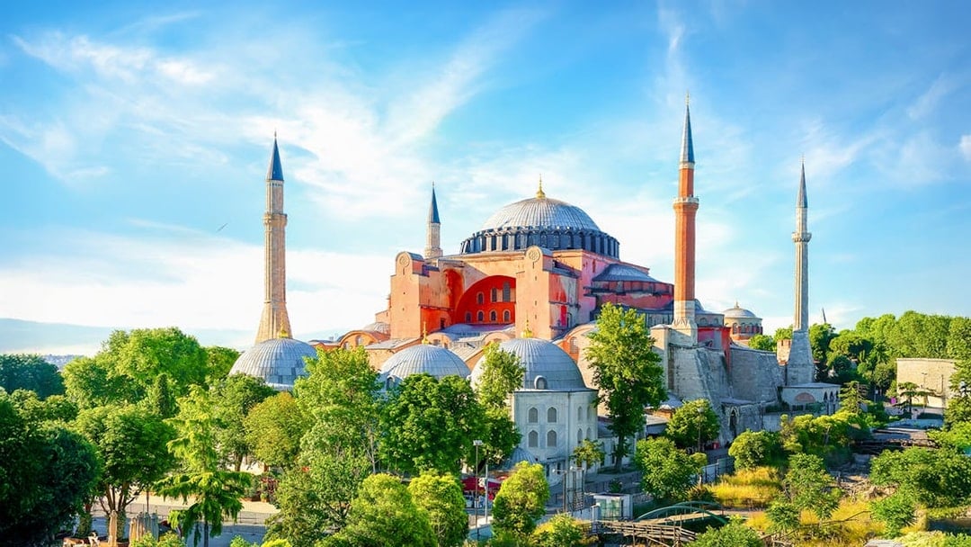 Hagia Sophia exterior with minarets and gardens, Istanbul.