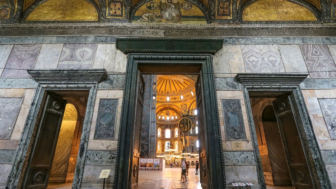 Imperial Gate of Hagia Sophia with interior view, Istanbul, Turkey.