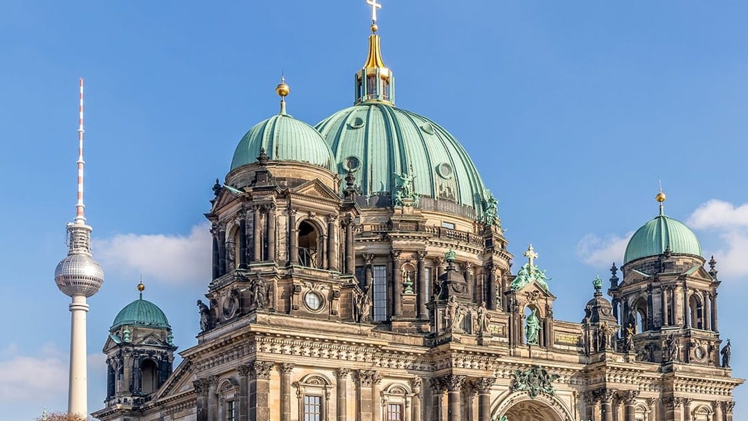 Berlin Cathedral with TV Tower in the background, Berlin, Germany.