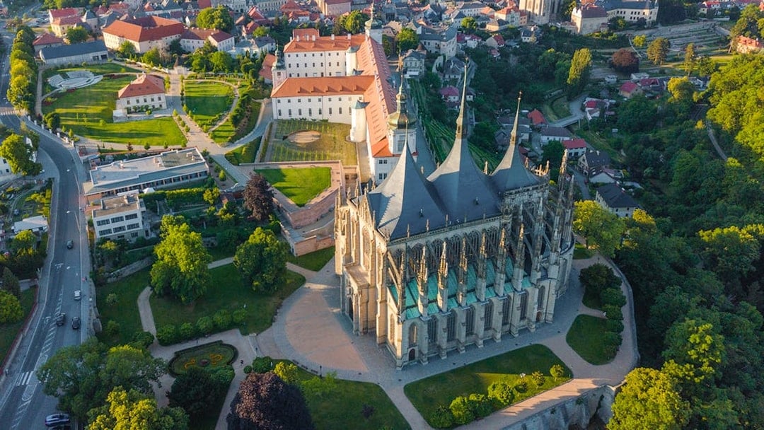 Aerial view of St. Barbara's Church and surrounding gardens in Kutna Hora.