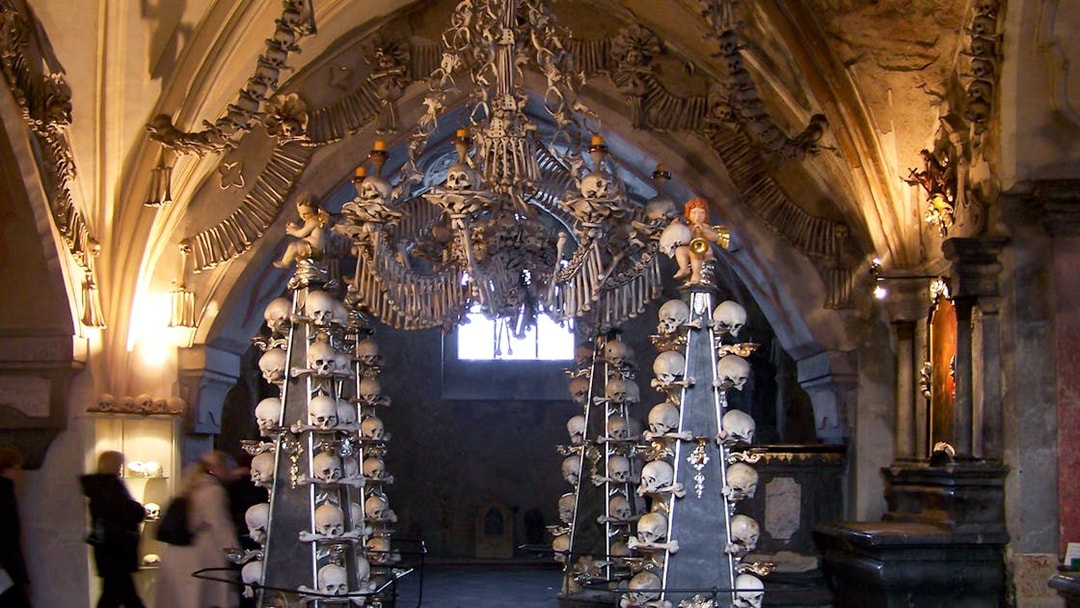 Sedlec Ossuary interior with bone decorations, Kutna Hora half-day tour.