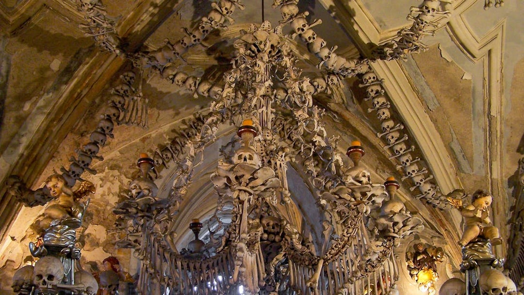 Sedlec Ossuary bone chandelier in Kutna Hora, Czech Republic.