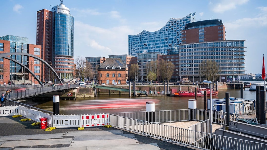 Elbphilharmonie concert hall and surrounding buildings in Hamburg during a guided tour.