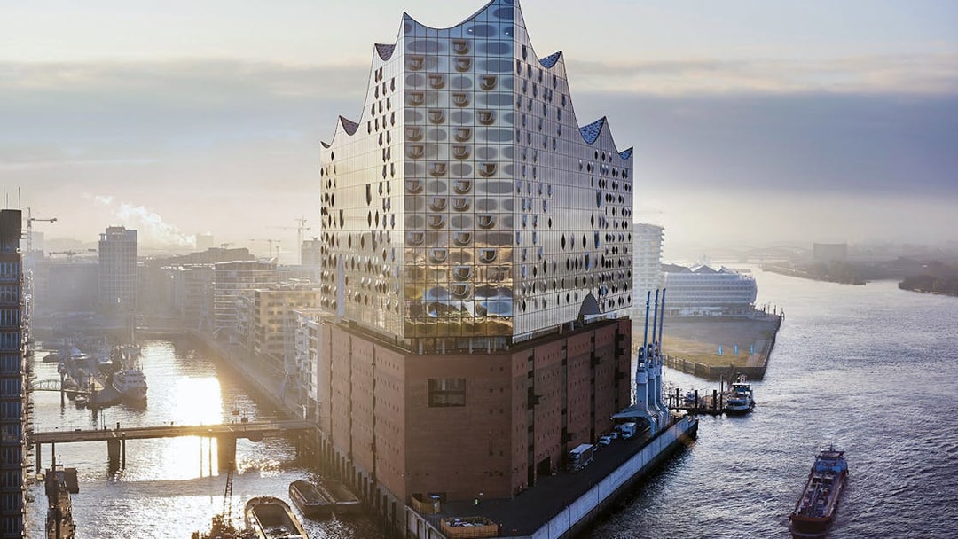 Elbphilharmonie concert hall in Hamburg overlooking the harbor during a guided tour.