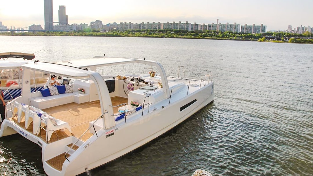 Yacht on Han River cruise with Seoul skyline in background.