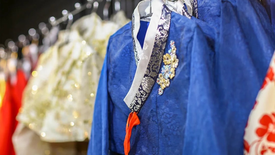 Hanbok garments on display for rental at Seoul Gyeongbokgung Palace.