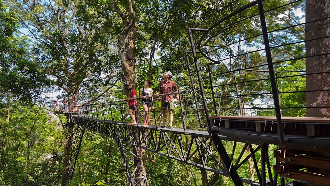 Family walking on treetop walkway at Hanuman World, Phuket.