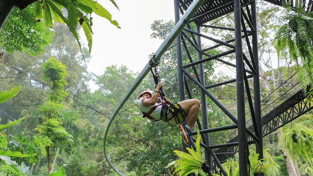 Ziplining through lush forest at Hanuman World, Thailand.