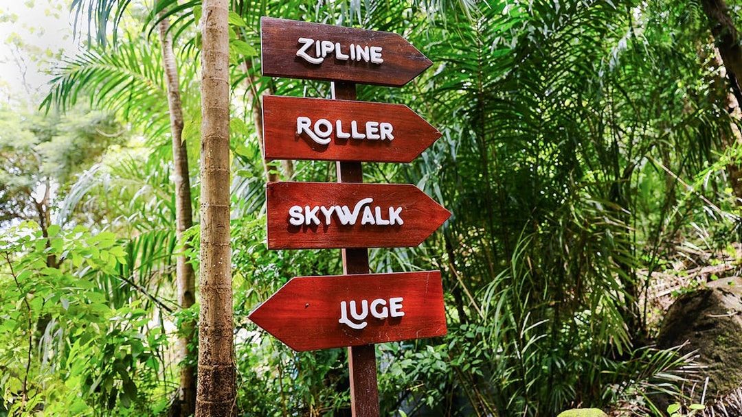 Signage for zipline, roller, skywalk, and luge at Hanuman World in a lush forest setting.