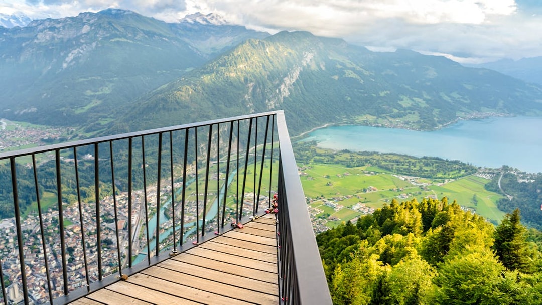 Aerial view from Harder Kulm overlooking Interlaken and Lake Thun, Switzerland.