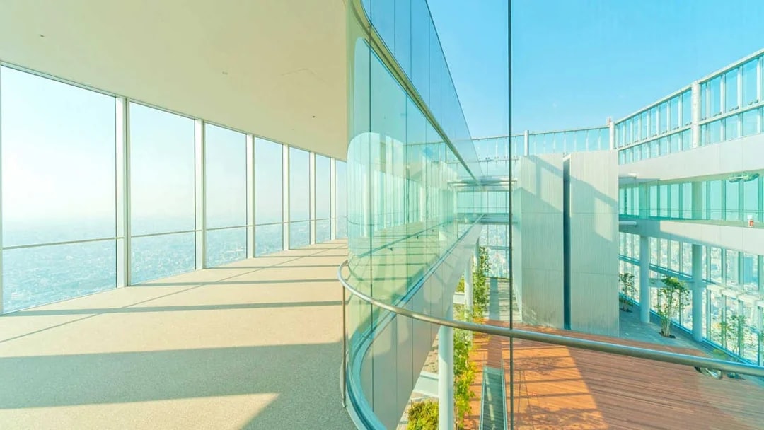 Harukas 300 Observatory interior with panoramic city views in Osaka, Japan.
