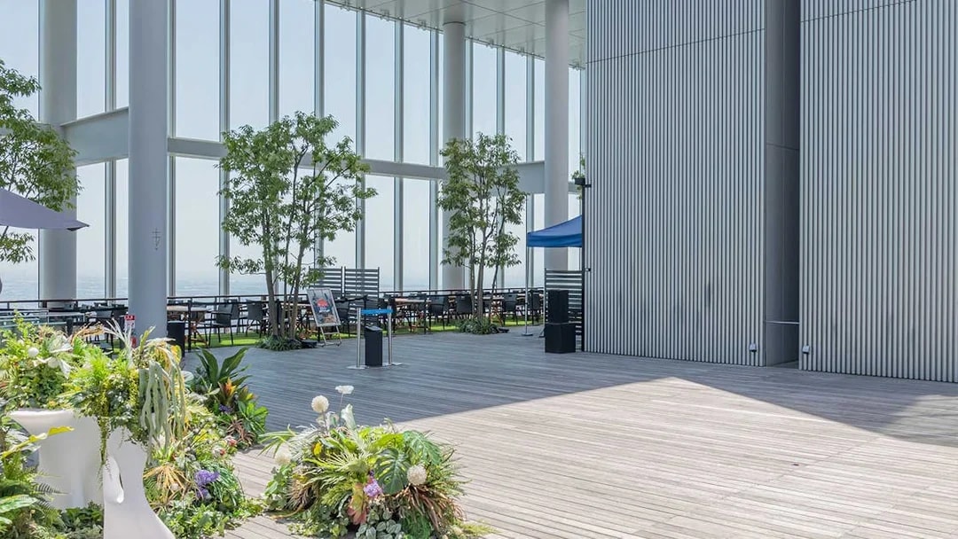 Harukas 300 Observatory deck with seating and greenery, Osaka, Japan.