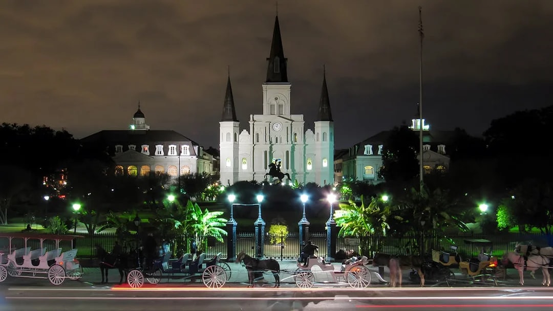 St. Louis Cathedral and Jackson Square illuminated at night, New Orleans.