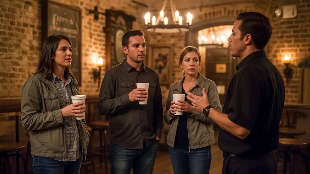 Tour group listening to a guide during a haunted pub crawl in New Orleans.