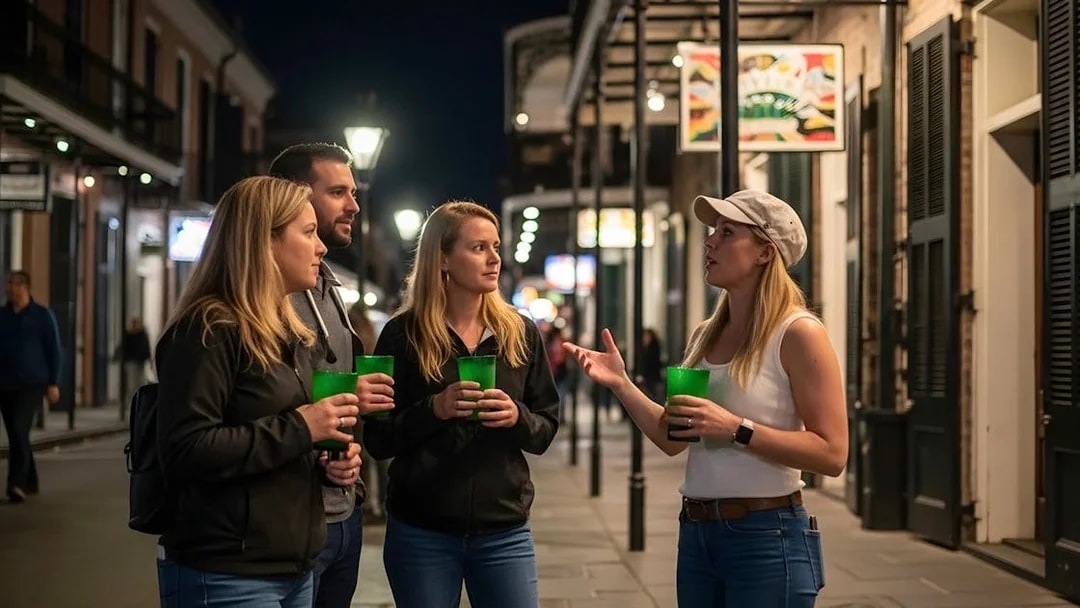 Group on a guided haunted pub crawl in New Orleans at night.