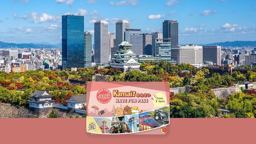Kansai skyline with Osaka Castle and Have Fun Pass promotion.
