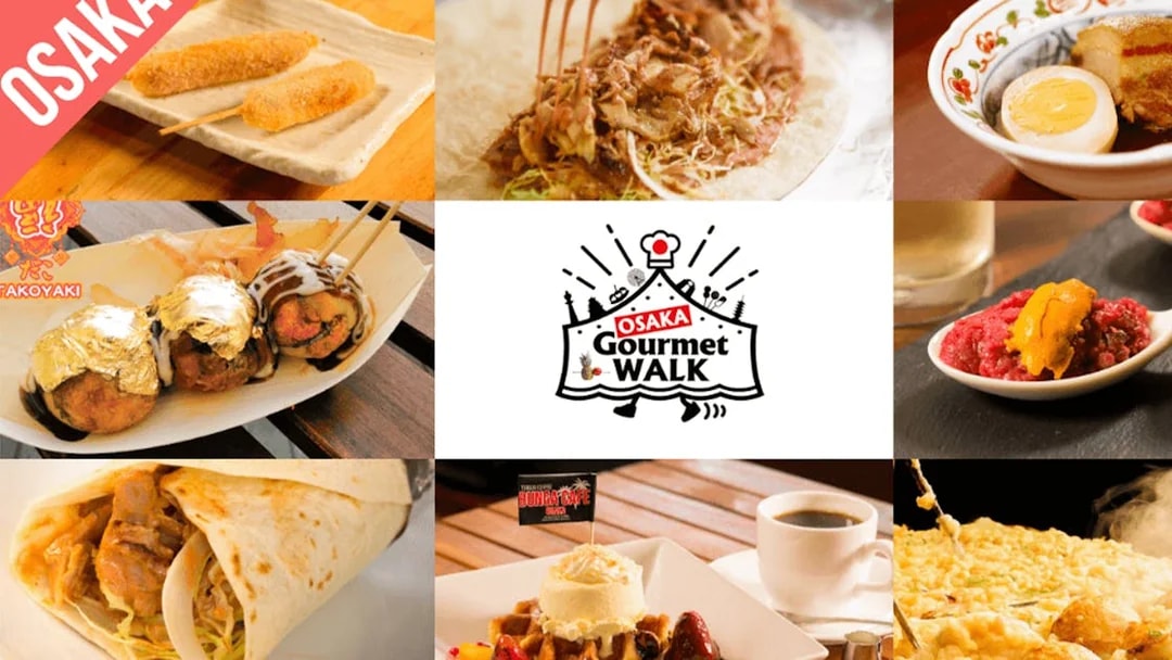 Osaka Gourmet Walk showcasing local dishes like takoyaki and okonomiyaki for Kansai 1 Week Pass.
