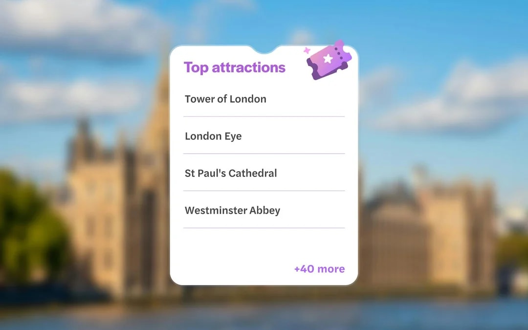 Top attractions list with blurred Houses of Parliament and Big Ben by the River Thames in London.