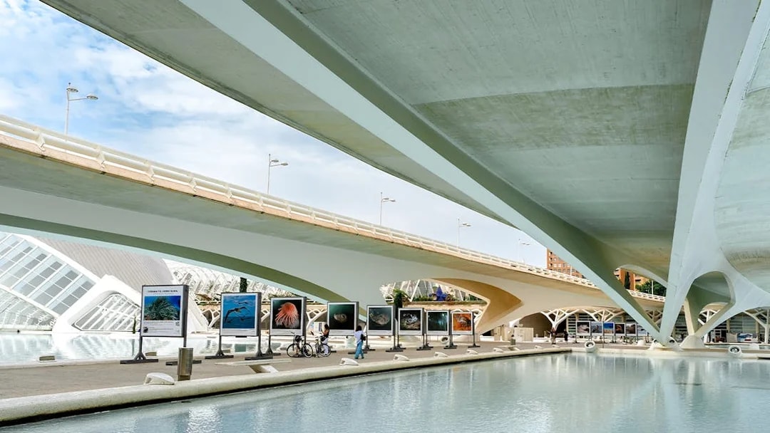 View of Hemisfèric architecture and outdoor exhibits in City of Arts and Sciences, Valencia.