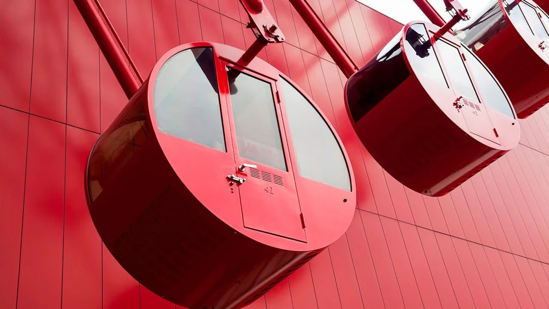 Red Ferris wheel cabins at HEP Five in Osaka, Japan.